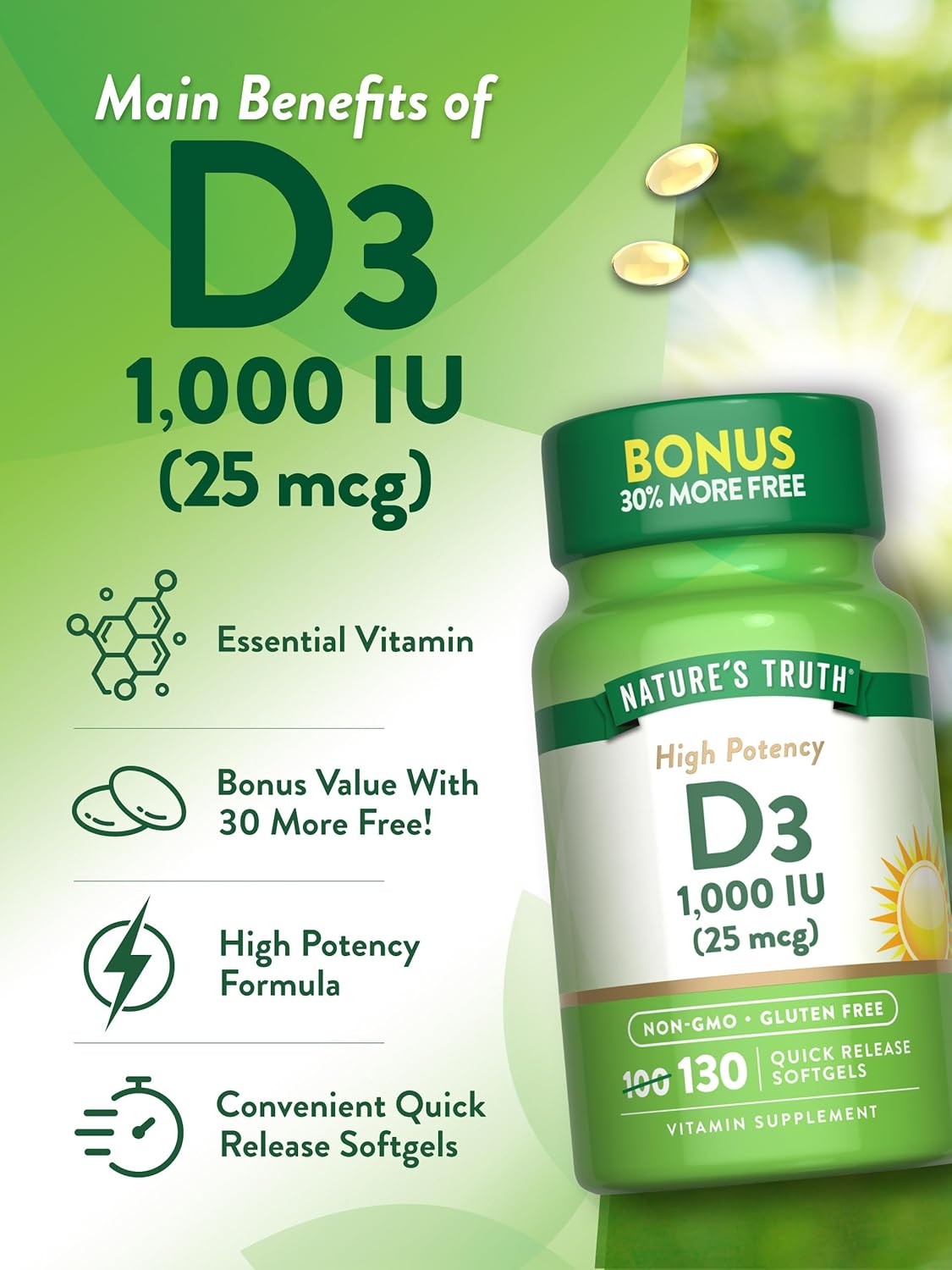 High Potency Nature's Truth Vitamin D3 Softgels - 1000 IU, 130 Count - Non-GMO & Gluten/Soy Free Supplement