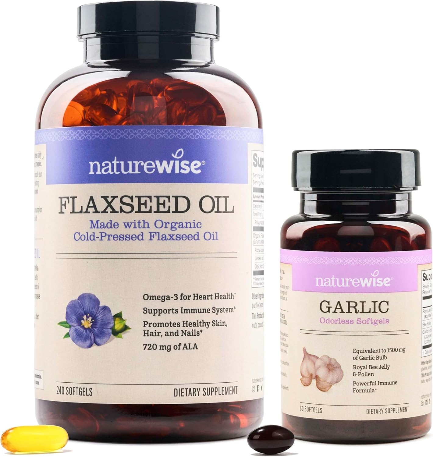 High Potency NatureWise Organic Flaxseed Oil Softgels for Teeth & Immune System Health - 1500mg Omega 3 ALA with Garlic Odorless Formula