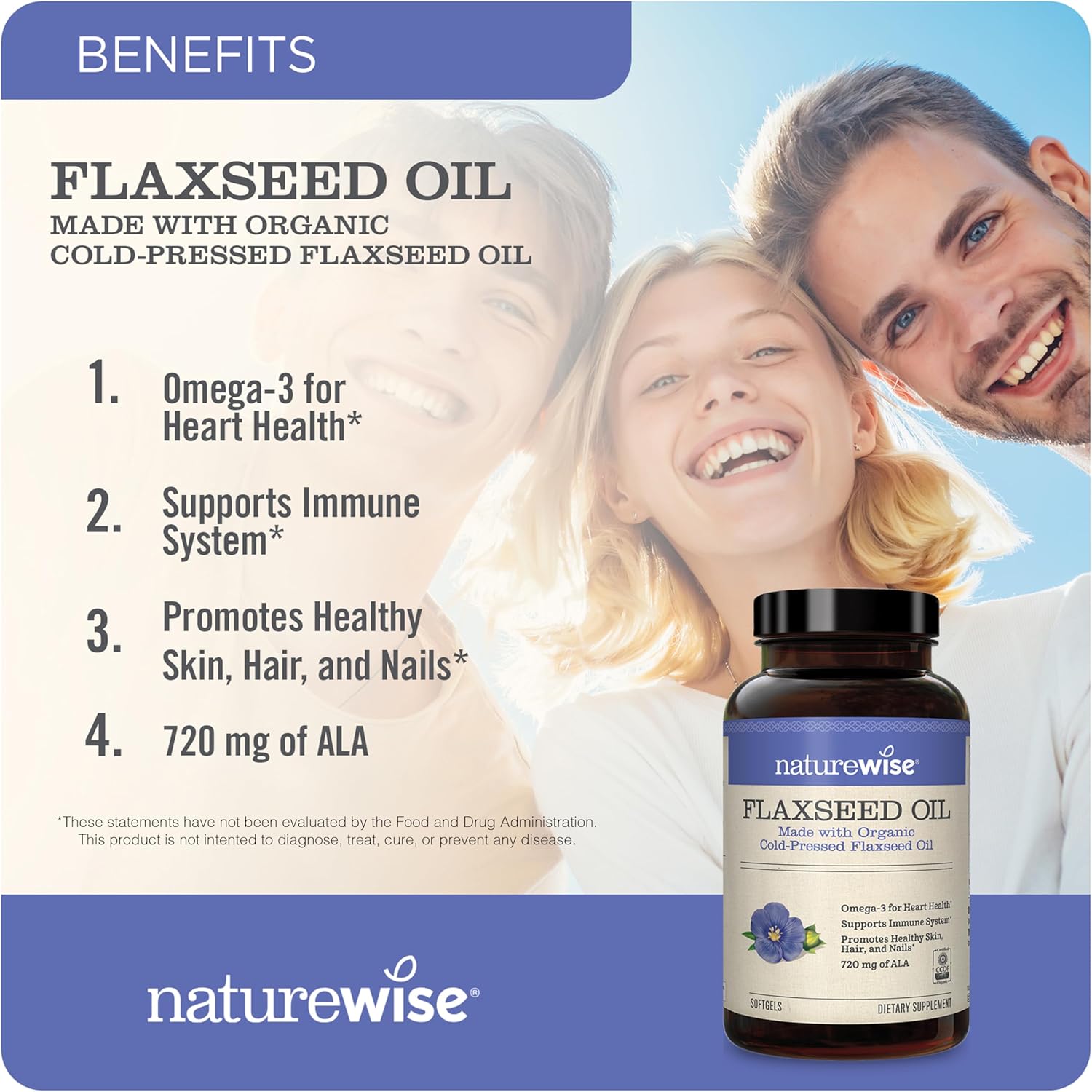 High Potency NatureWise Organic Flaxseed Oil Softgels for Teeth & Immune System Health - 1500mg Omega 3 ALA with Garlic Odorless Formula