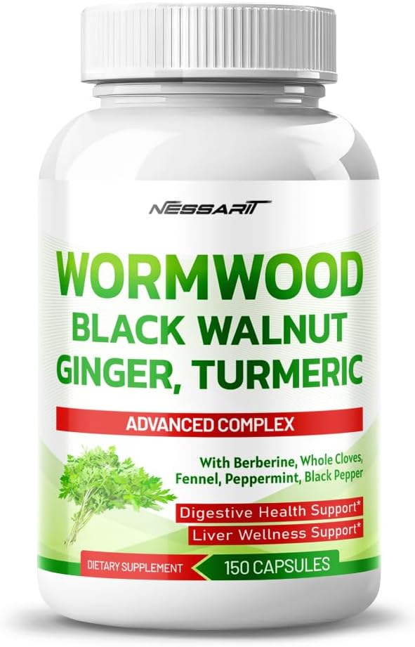 High Potency NESSARIT Wormwood Supplement with Black Walnut, Berberine, Whole Cloves, and Ginger for Digestive Health - 150 Count - USA Made & Tested