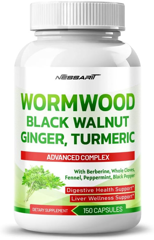 High Potency NESSARIT Wormwood Supplement with Black Walnut, Berberine, Whole Cloves, and Ginger for Digestive Health - 150 Count - USA Made & Tested