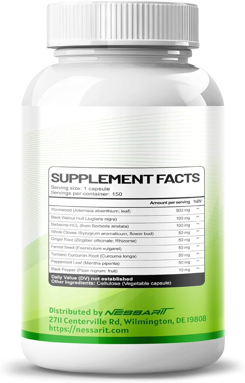 High Potency NESSARIT Wormwood Supplement with Black Walnut, Berberine, Whole Cloves, and Ginger for Digestive Health - 150 Count - USA Made & Tested