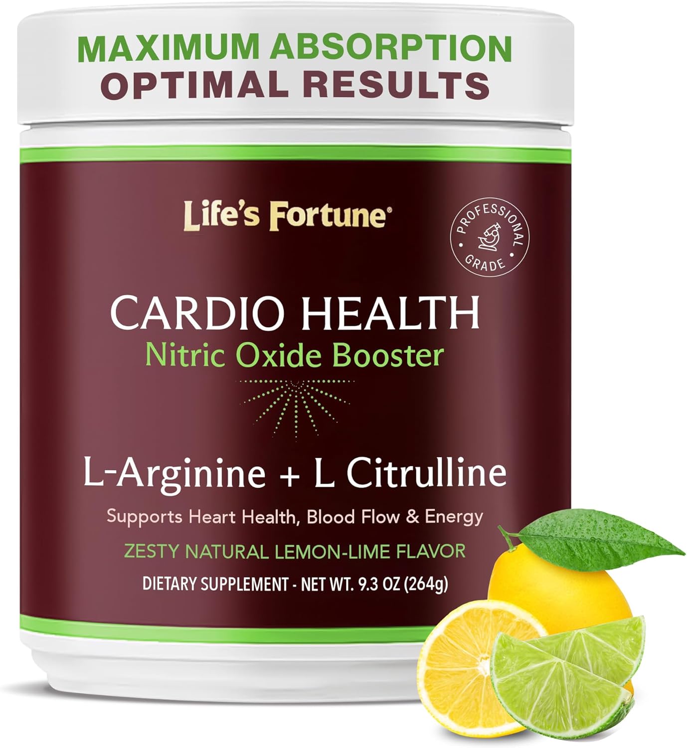 High Potency Nitric Oxide Supplement Powder with L Arginine and L Citrulline for Cardiovascular Health - Natural Lemon Lime Flavor - 258g