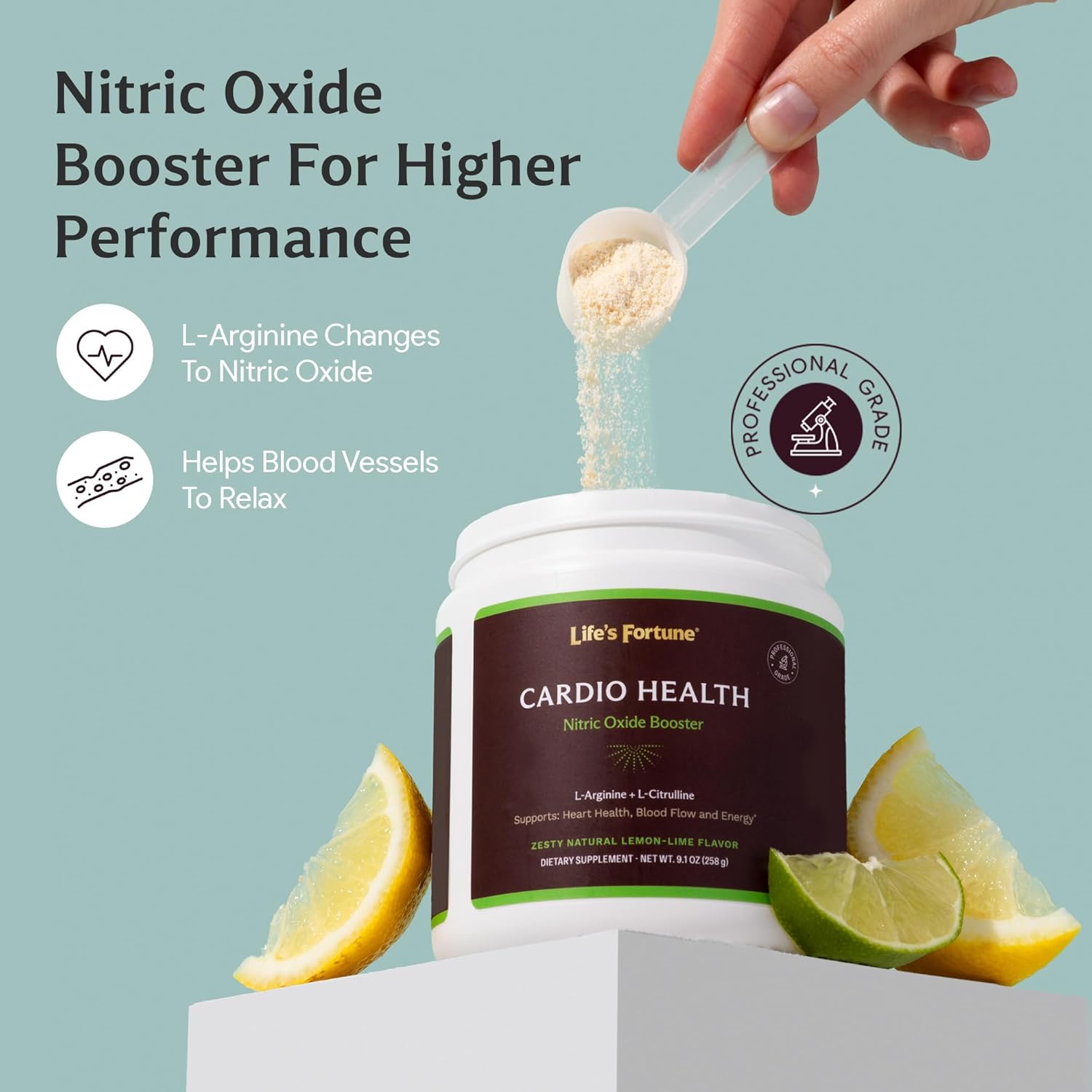 High Potency Nitric Oxide Supplement Powder with L Arginine and L Citrulline for Cardiovascular Health - Natural Lemon Lime Flavor - 258g