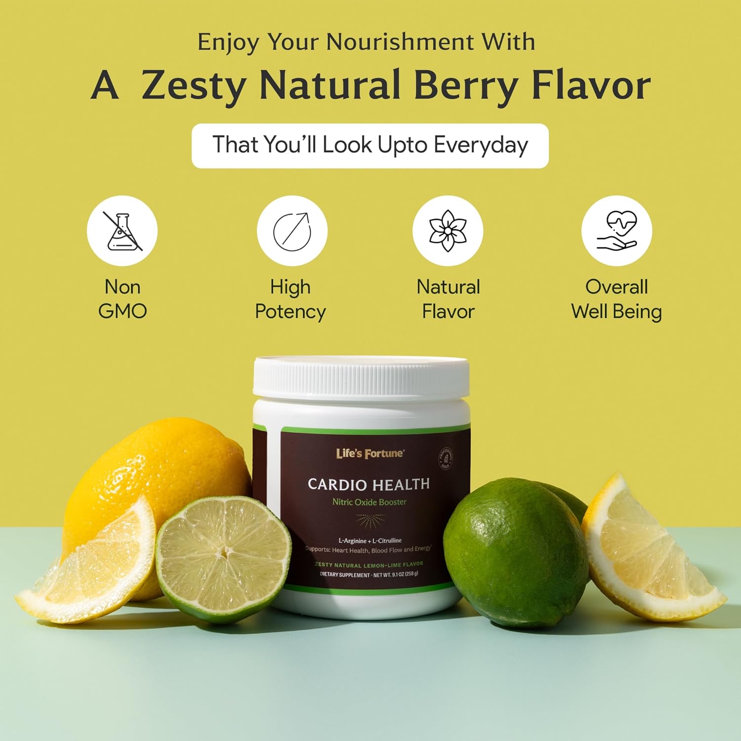 High Potency Nitric Oxide Supplement Powder with L Arginine and L Citrulline for Cardiovascular Health - Natural Lemon Lime Flavor - 258g