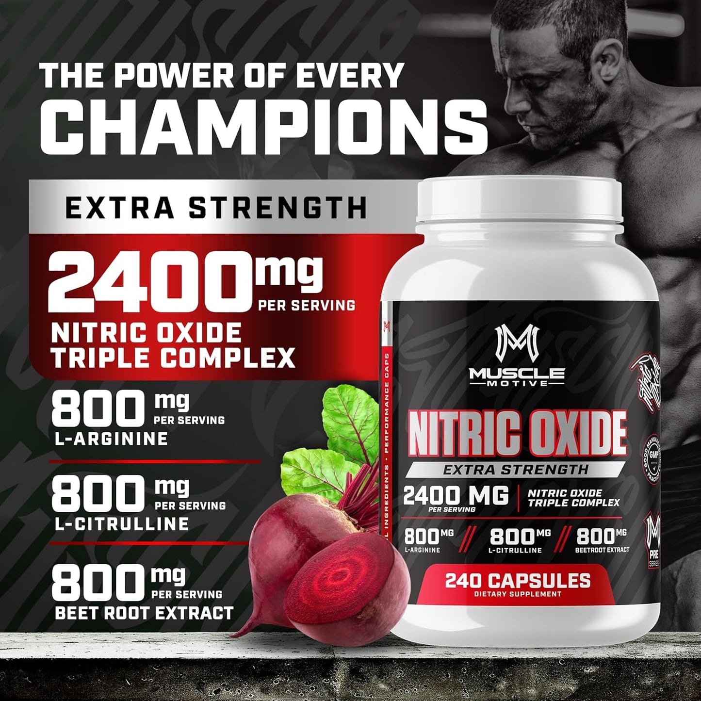 High Potency Nitric Oxide Supplement with L-Arginine, L-Citrulline, and Beet Root Extract - 240 Capsules