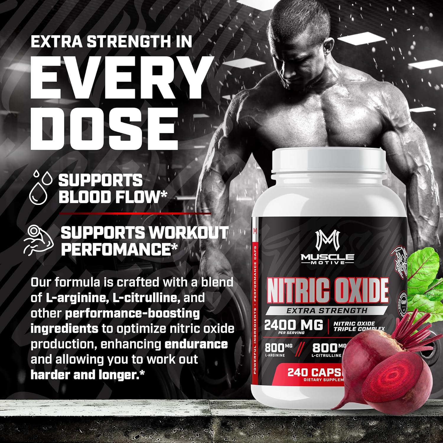 High Potency Nitric Oxide Supplement with L-Arginine, L-Citrulline, and Beet Root Extract - 240 Capsules