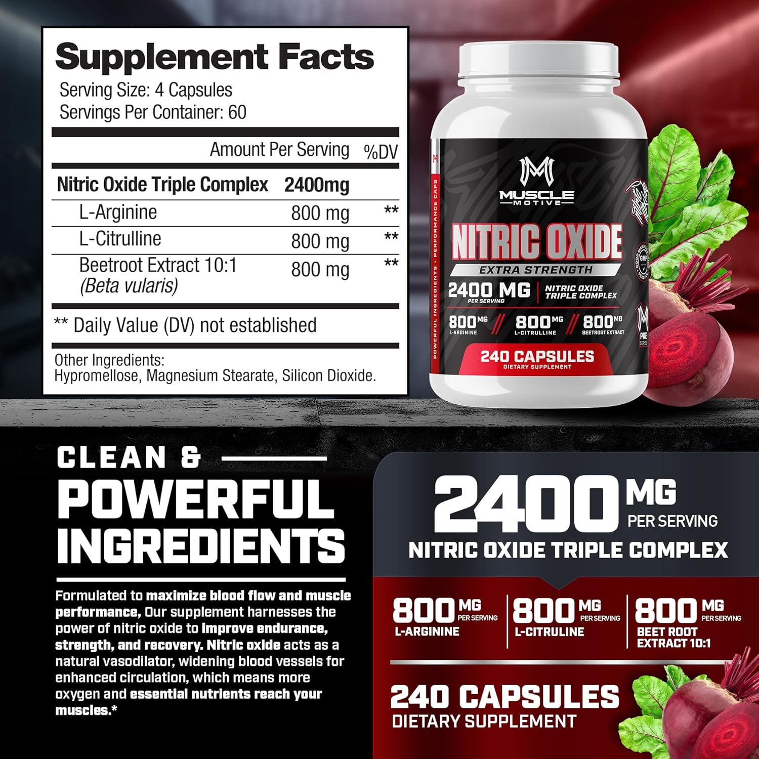 High Potency Nitric Oxide Supplement with L-Arginine, L-Citrulline, and Beet Root Extract - 240 Capsules