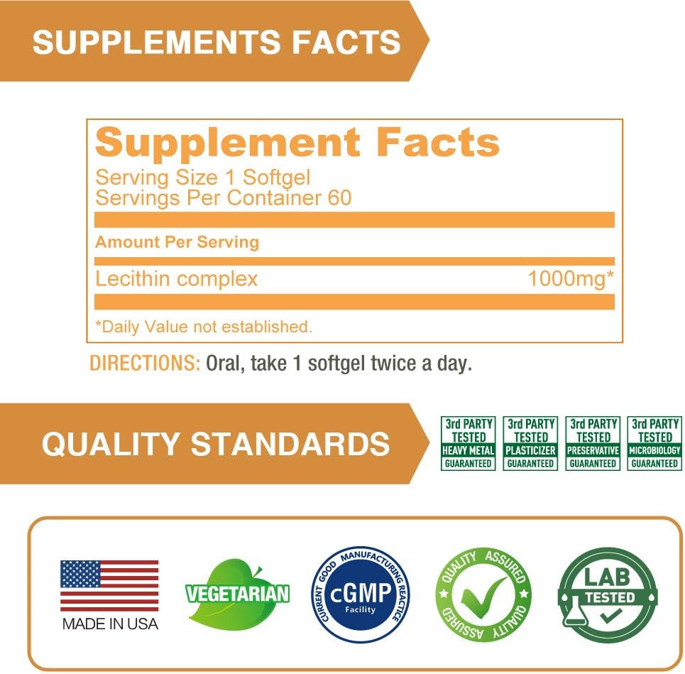 High-Potency Non-GMO Vegan Lecithin Supplements with 35% Phosphatidylcholine - 1000mg | 60 Softgels (1 Month Supply)