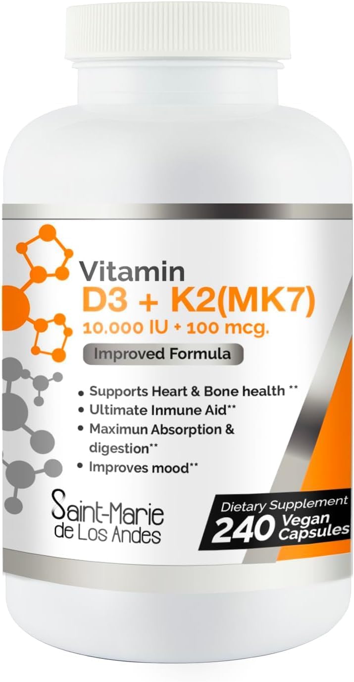 High Potency Non-GMO Vitamin D3 (10000 IU) + K2 (100 mcg) - 8 Months Supply for Optimal Health