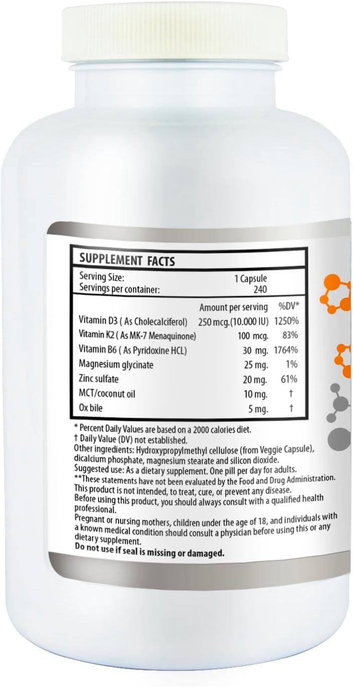 High Potency Non-GMO Vitamin D3 (10000 IU) + K2 (100 mcg) - 8 Months Supply for Optimal Health