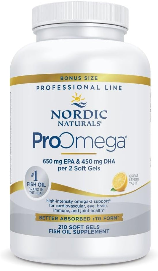 High-Potency Nordic Naturals ProOmega Fish Oil Soft Gels with EPA & DHA for Brain, Eye, Heart, & Immune Health - Lemon Flavor - Non-GMO - 210 Soft Gels