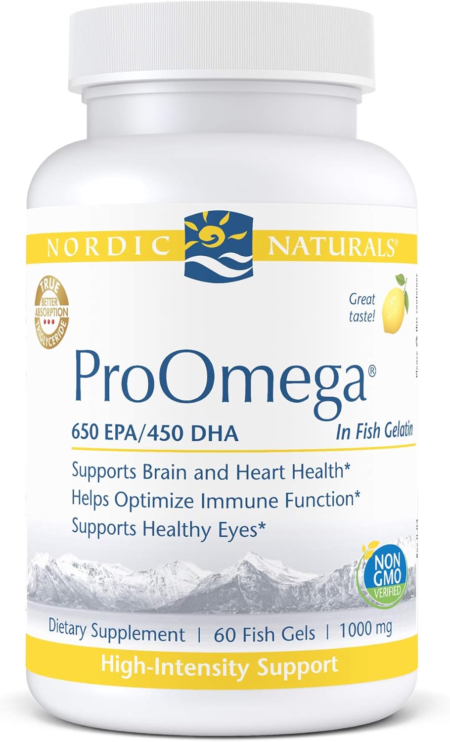 High Potency Nordic Naturals ProOmega Lemon Flavored Fish Oil Soft Gels - 60 Count - 1280mg Omega-3 - Supports Brain, Eye, Heart, & Immune Health - Non-GMO - 30 Servings
