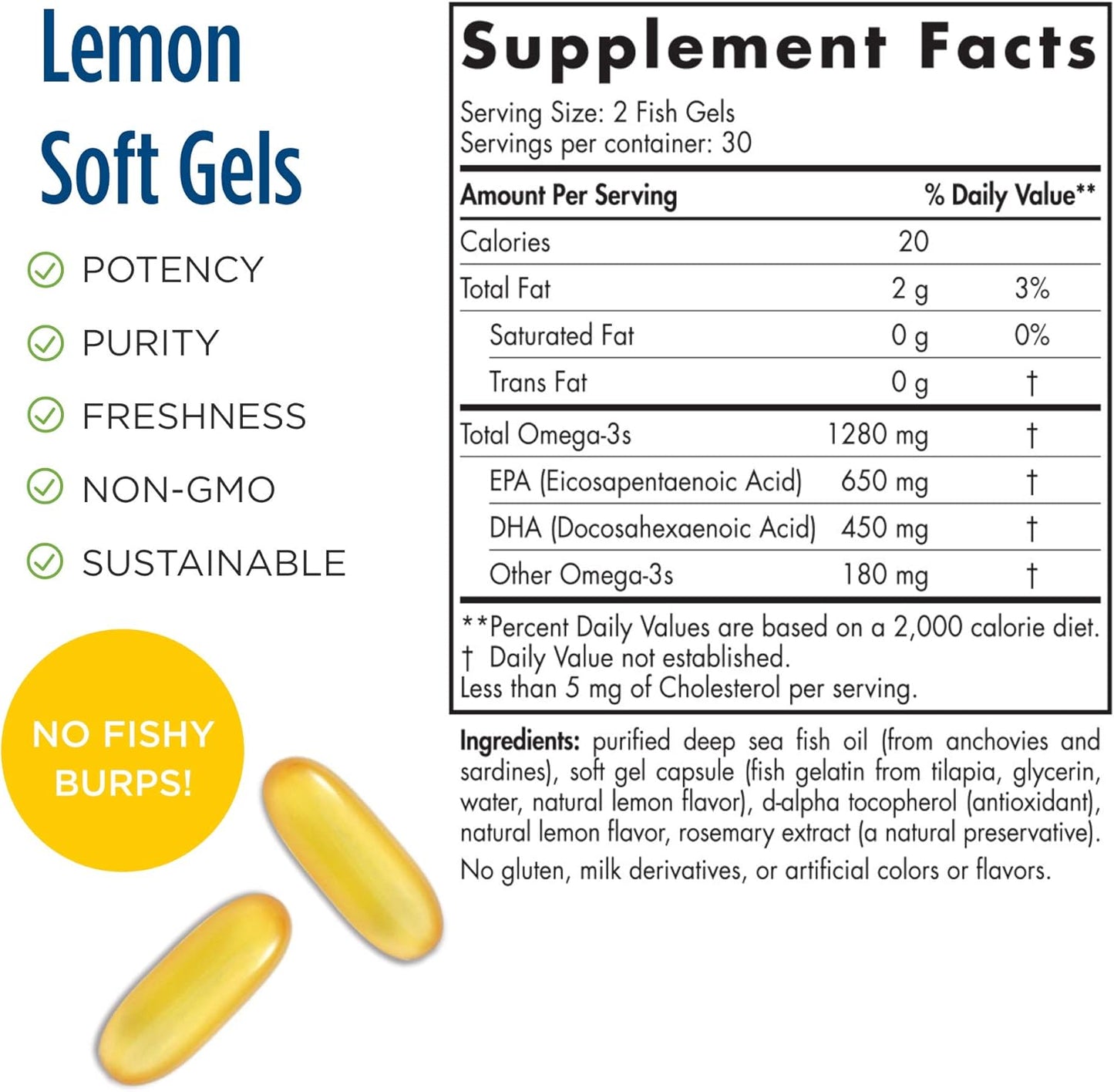 High Potency Nordic Naturals ProOmega Lemon Flavored Fish Oil Soft Gels - 60 Count - 1280mg Omega-3 - Supports Brain, Eye, Heart, & Immune Health - Non-GMO - 30 Servings