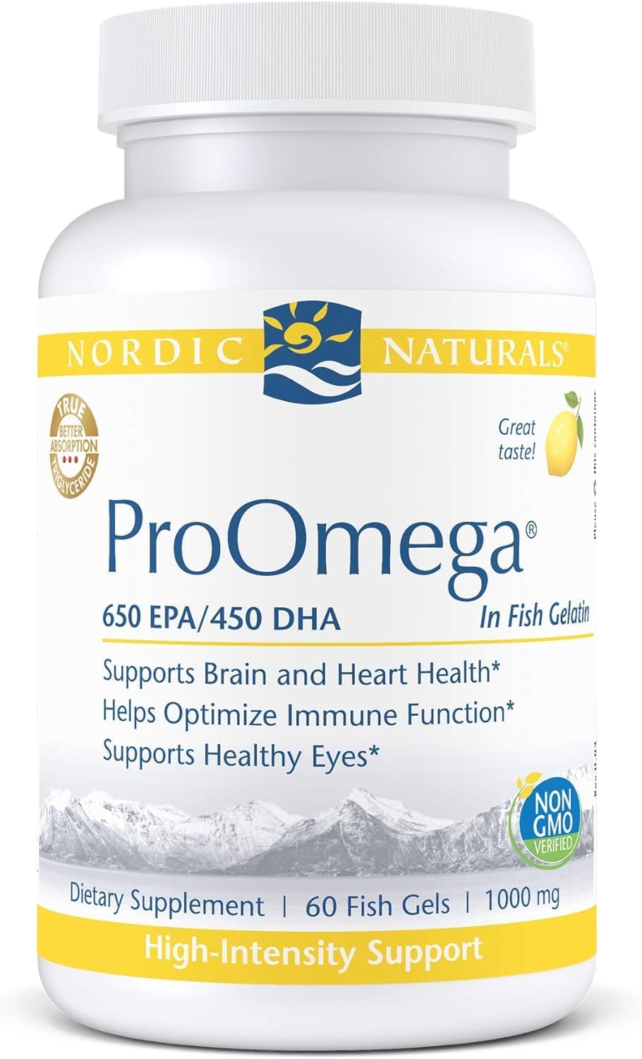 High Potency Nordic Naturals ProOmega Lemon Flavored Fish Oil Soft Gels - 60 Count - 1280mg Omega-3 - Supports Brain, Eye, Heart, & Immune Health - Non-GMO - 30 Servings