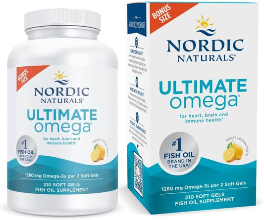 High-Potency Nordic Naturals Ultimate Omega Lemon Fish Oil Soft Gels - 210 Count - 1280mg Omega-3 - Promotes Brain & Heart Health - Non-GMO - 105 Servings
