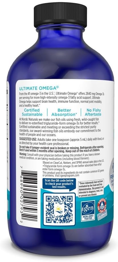 High-Potency Nordic Naturals Ultimate Omega Liquid Fish Oil Supplement - Lemon Flavor - 8 oz - 2840 mg Omega-3 - Promotes Brain & Heart Health - Non-GMO - 48 Servings