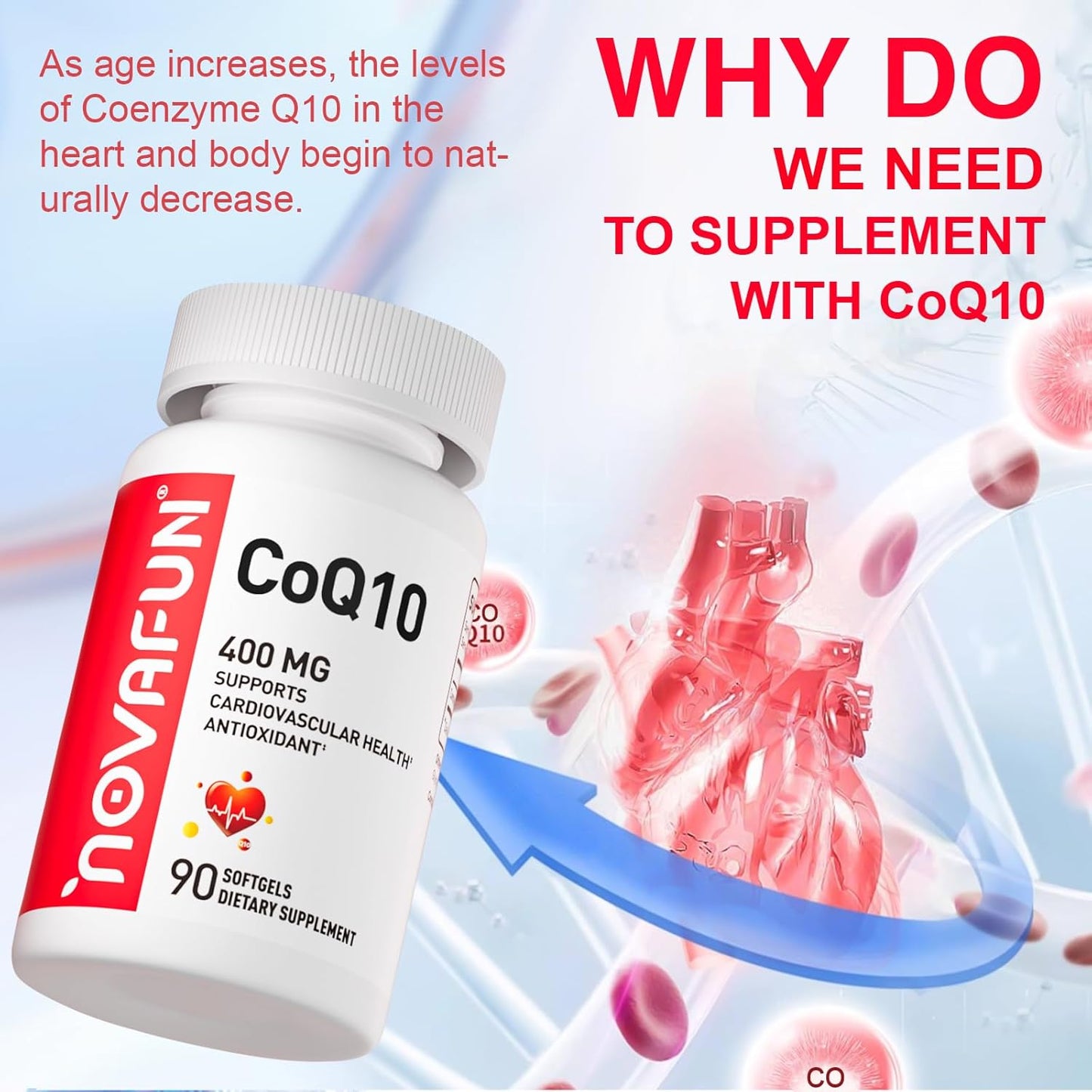 High Potency Novafun CoQ10 Softgels 400mg - Heart Health & Antioxidant Support - 90 Count - Energy Boosting Supplement