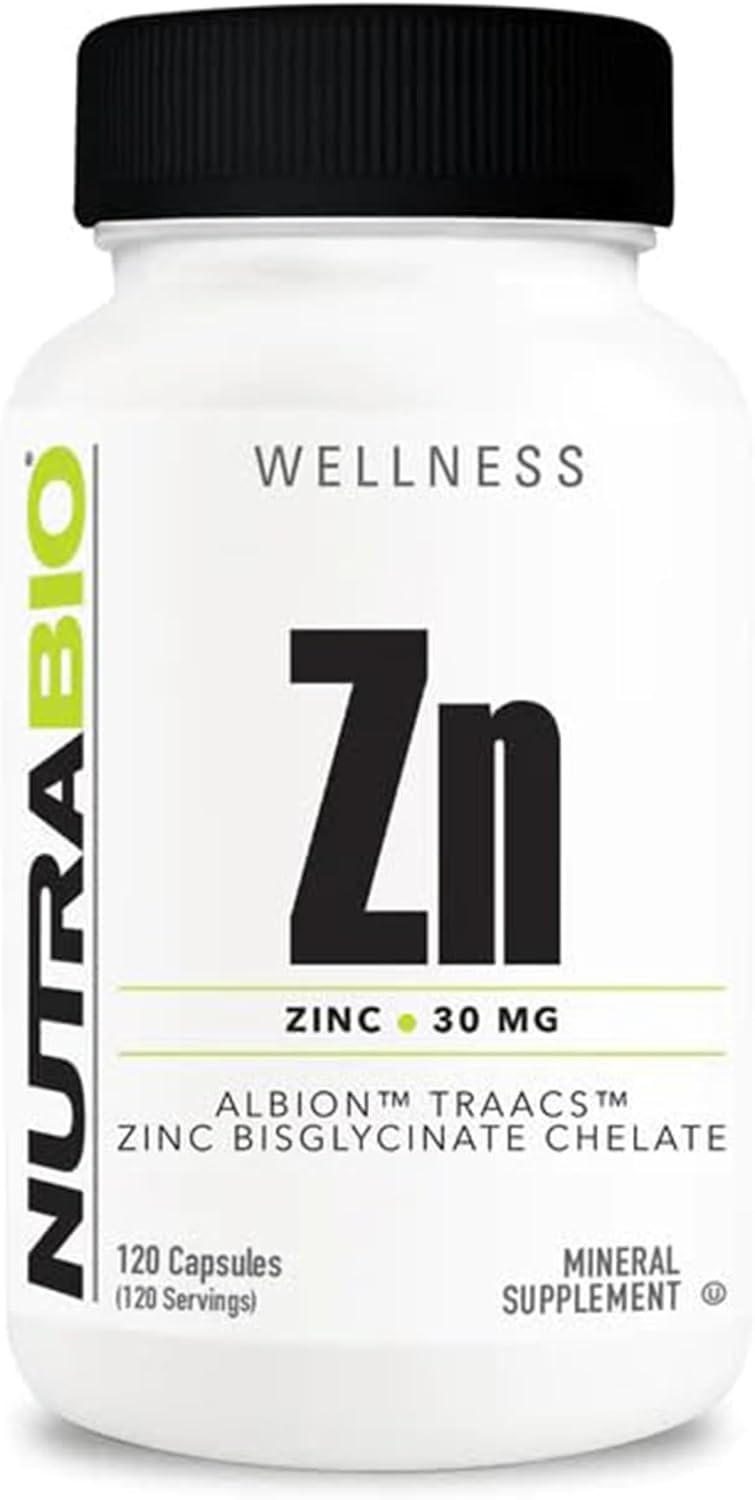 High Potency NutraBio Zinc Chelate Mineral Supplement - Supports Growth, Development, and Immune Health - 30mg Zinc - 120 Vegetarian Capsules