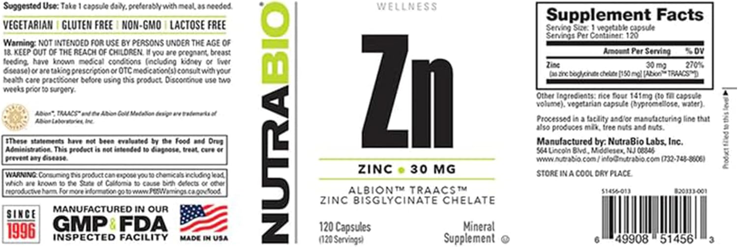 High Potency NutraBio Zinc Chelate Mineral Supplement - Supports Growth, Development, and Immune Health - 30mg Zinc - 120 Vegetarian Capsules