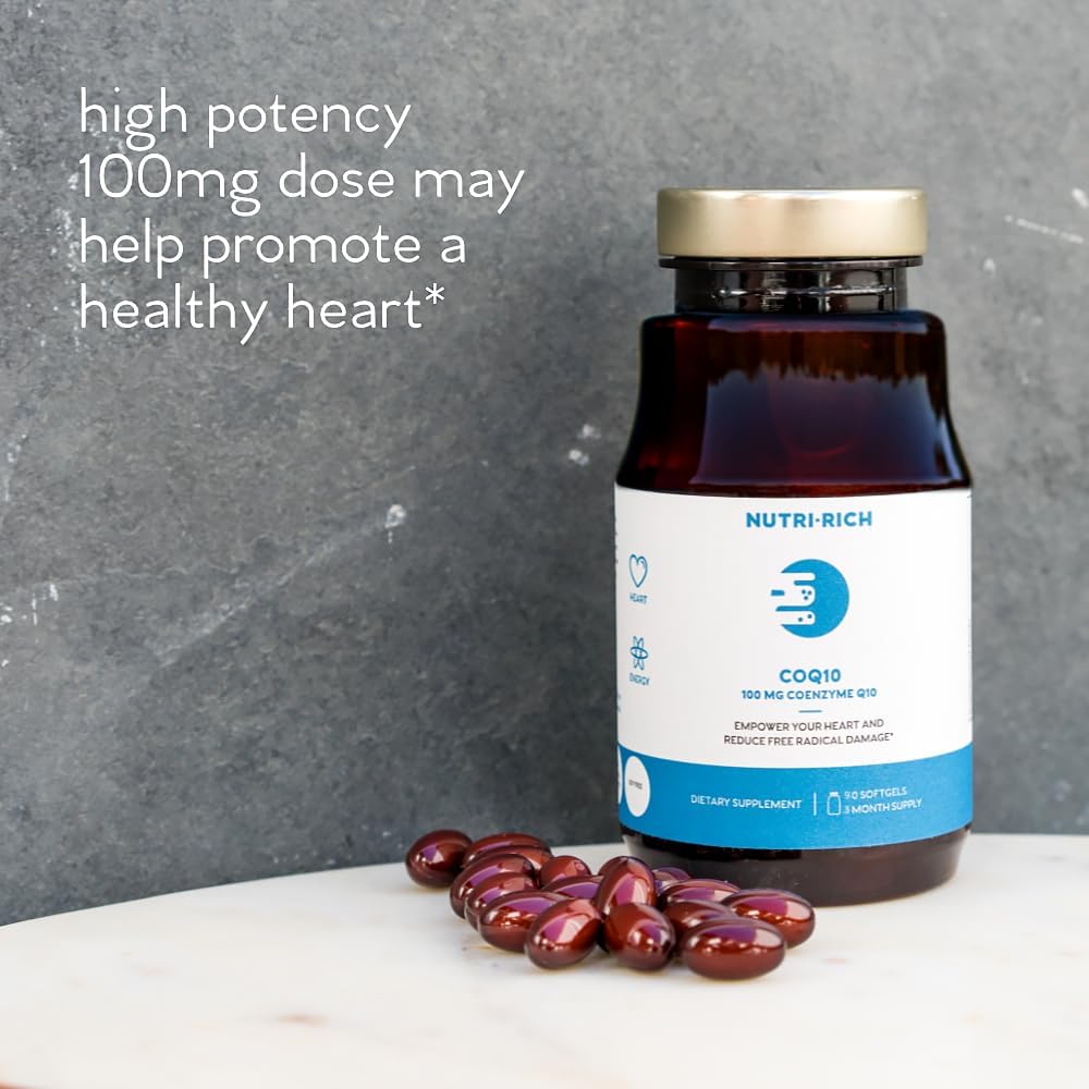 High Potency Nutri-Rich CoQ10 100mg Softgels - Heart Health & Energy Support, Antioxidant for Aging & Statin Users - 3 Month Supply