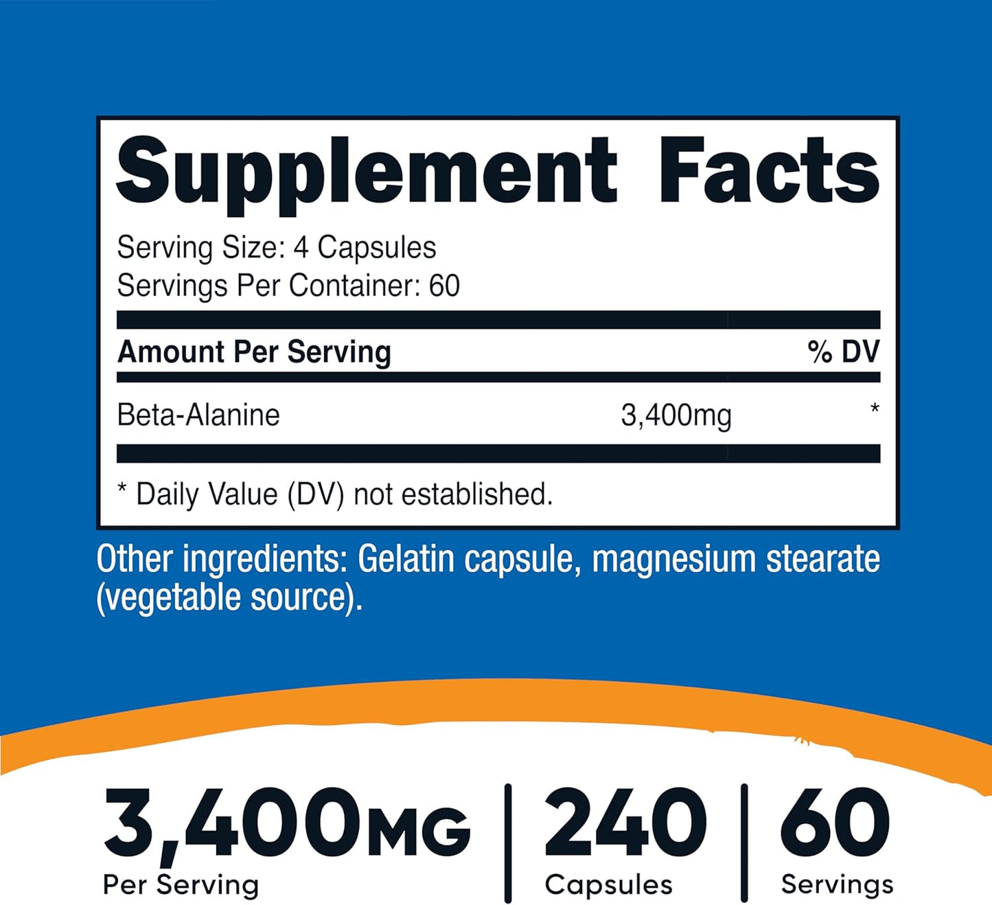 High Potency Nutricost Beta-Alanine Capsules - 240 Capsules, Gluten Free & Non-GMO - 850mg Per Capsule - 60 Servings