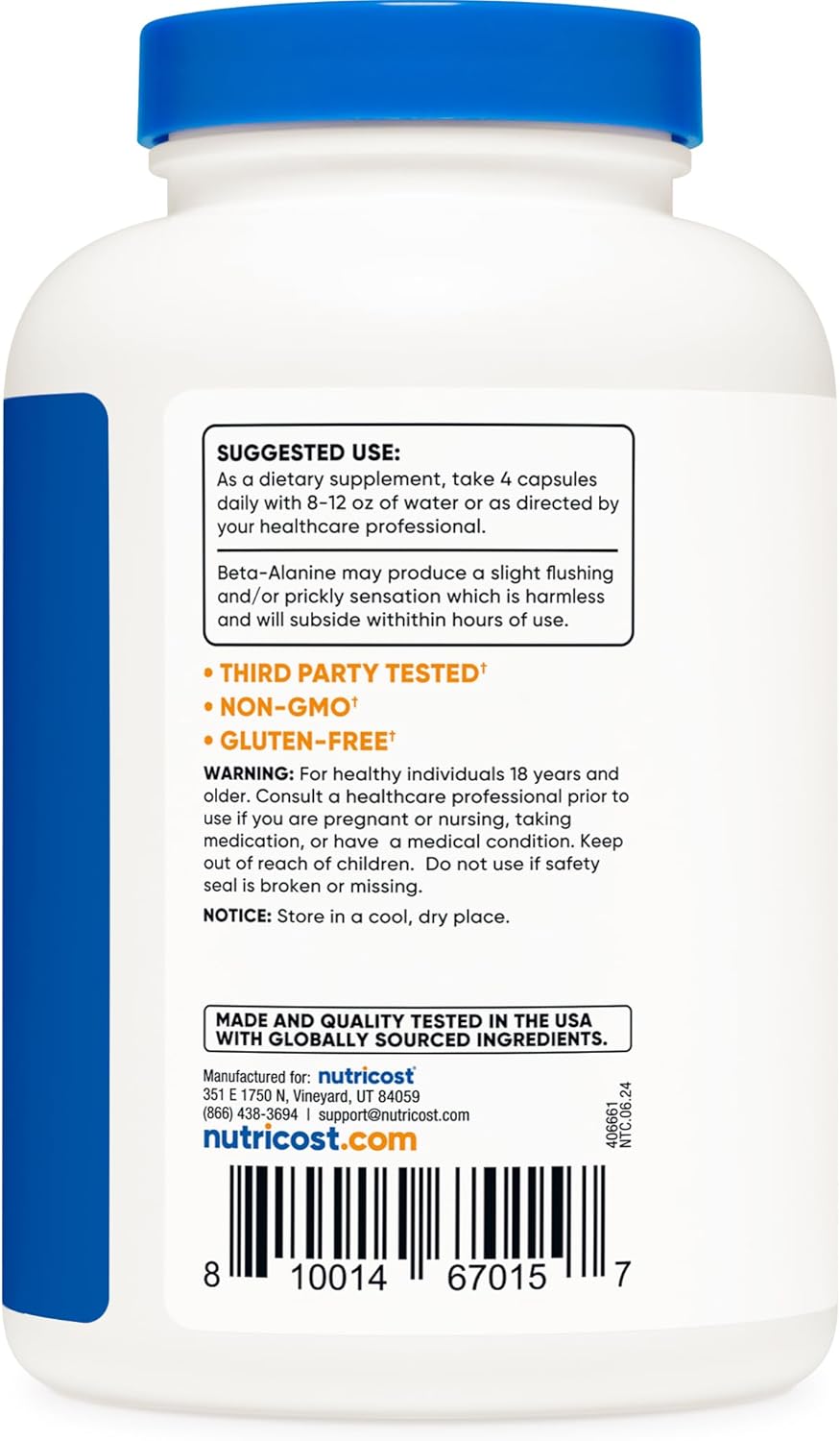 High Potency Nutricost Beta-Alanine Capsules - 240 Capsules, Gluten Free & Non-GMO - 850mg Per Capsule - 60 Servings