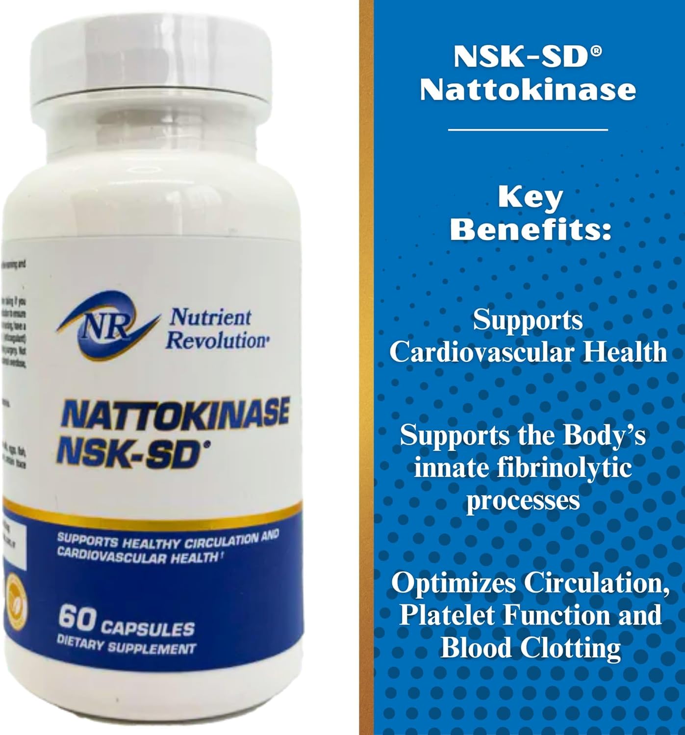 High Potency Nutrient Revolution NSK-SD Nattokinase Supplement for Cardiovascular Support - Optimizes Circulation - Non-GMO & Vegetarian - 60 Ct