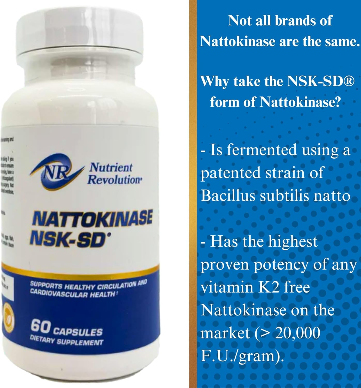 High Potency Nutrient Revolution NSK-SD Nattokinase Supplement for Cardiovascular Support - Optimizes Circulation - Non-GMO & Vegetarian - 60 Ct