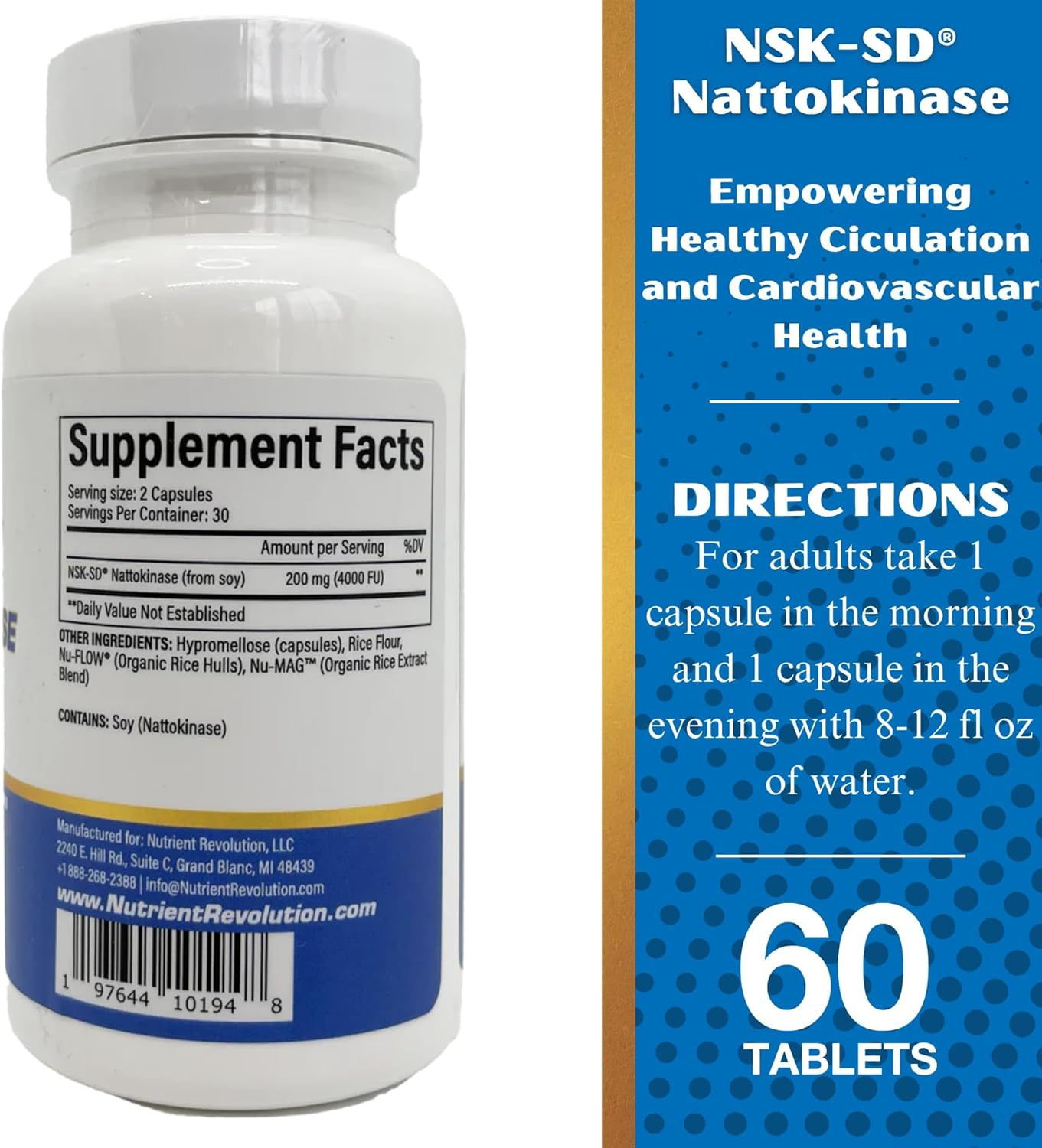 High Potency Nutrient Revolution NSK-SD Nattokinase Supplement for Cardiovascular Support - Optimizes Circulation - Non-GMO & Vegetarian - 60 Ct