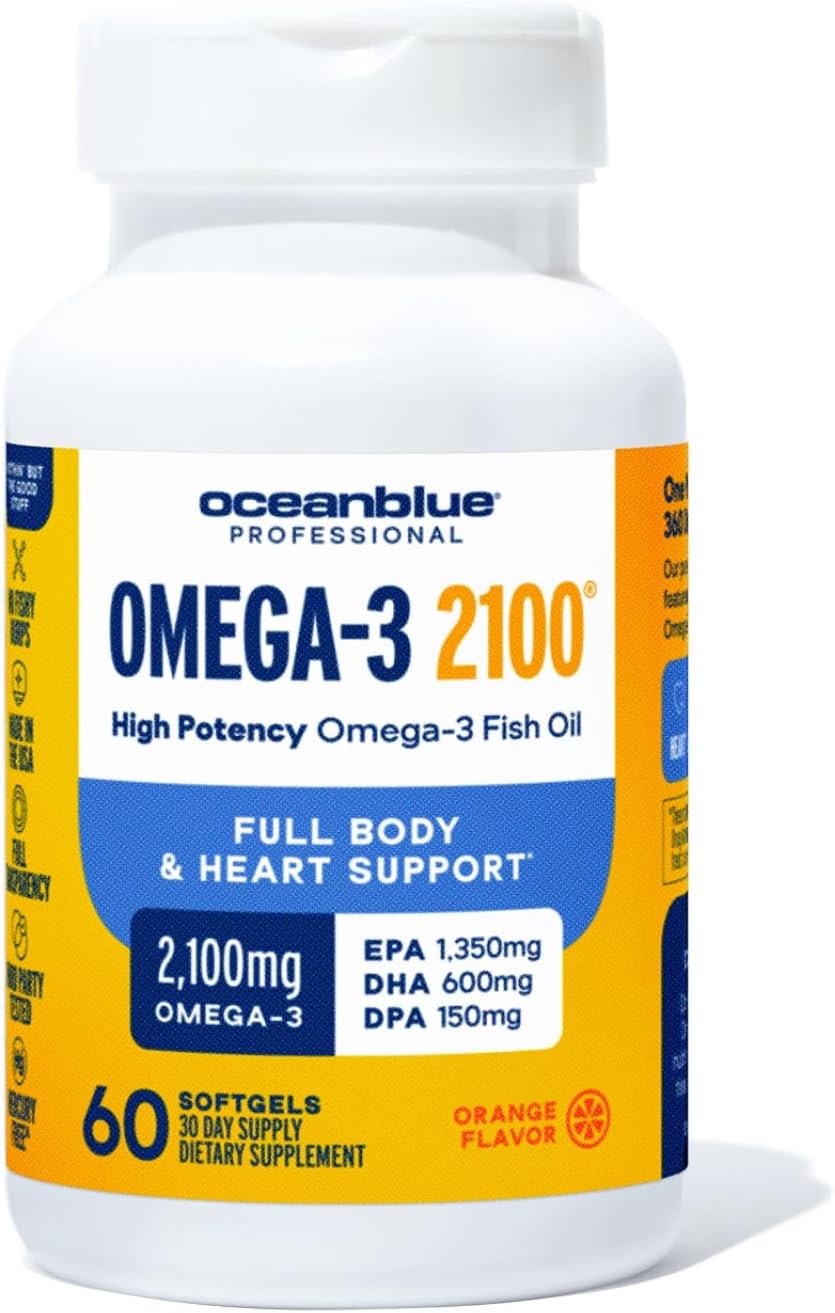 High-Potency OceanBlue Professional Omega-3 2100 - 60 Count Triple Strength Burpless Fish Oil with EPA, DHA & DPA - Orange Flavor - 30 Servings