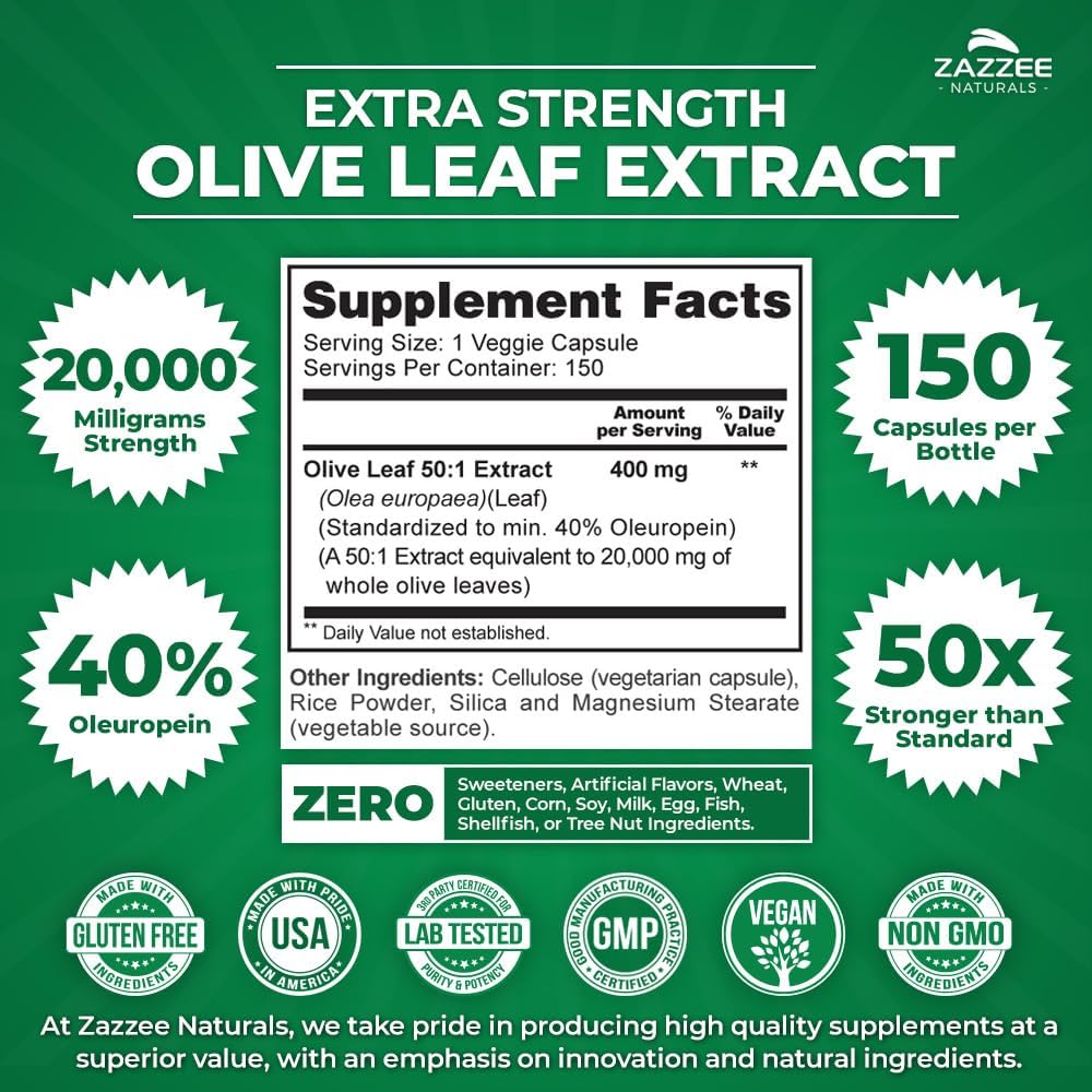 High Potency Olive Leaf Extract - 20,000mg, 40% Oleuropein, 150 Vegan Capsules, 5 Month Supply - Non-GMO, Vegetarian, All-Natural