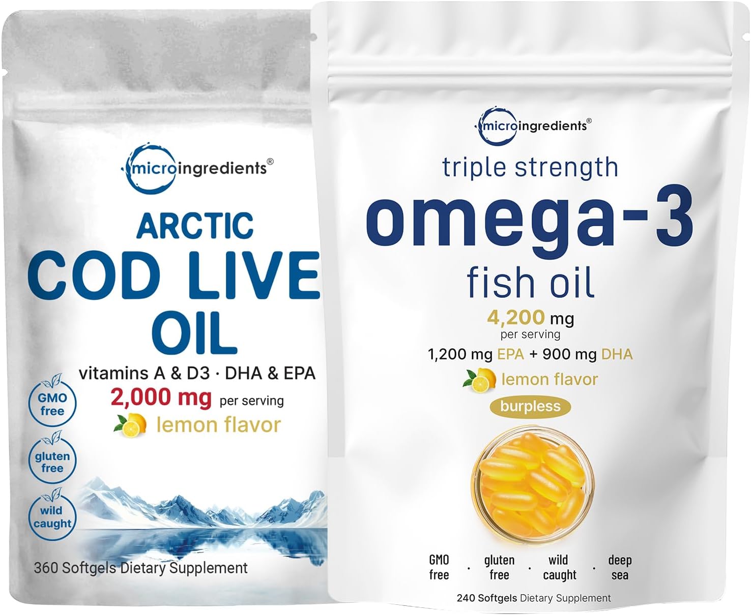 High Potency Omega 3 Fish Oil & Cod Liver Oil Supplements, 360 Softgels, Lemon Flavored, Wild Caught Arctic Fish, Triple Strength Formula