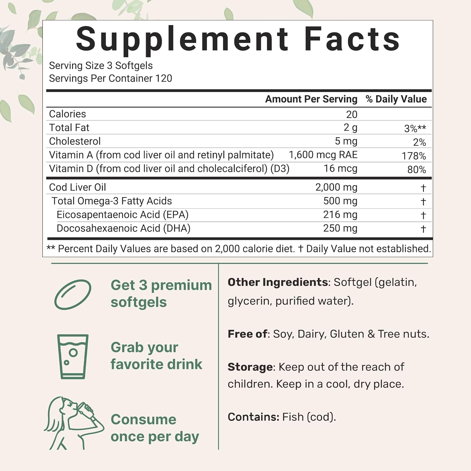 High Potency Omega 3 Fish Oil & Cod Liver Oil Supplements, 360 Softgels, Lemon Flavored, Wild Caught Arctic Fish, Triple Strength Formula
