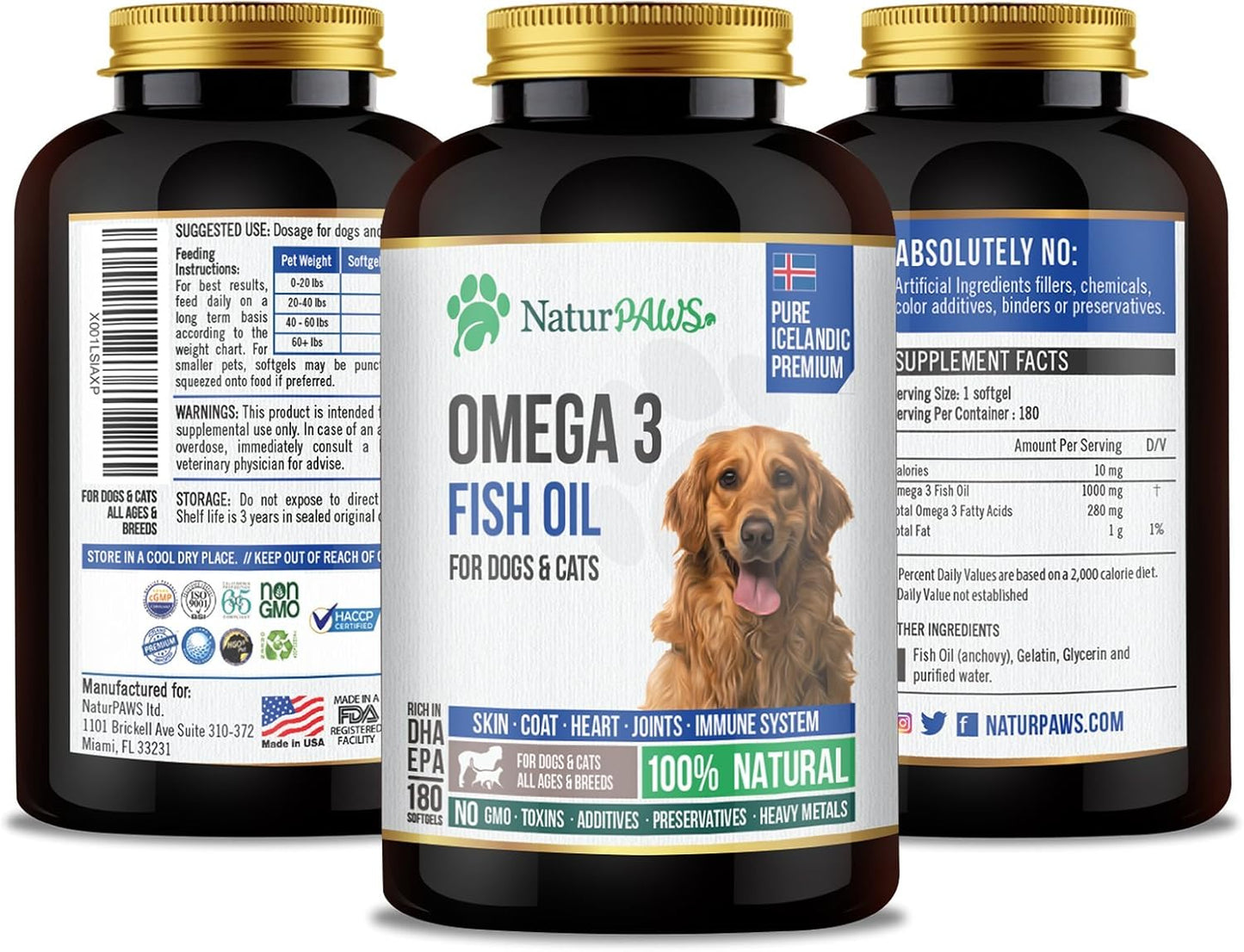 High Potency Omega 3 Fish Oil for Dogs and Cats - 1000mg DHA and EPA - Healthy Coat, Skin, Heart, Immune System - 180 Softgels