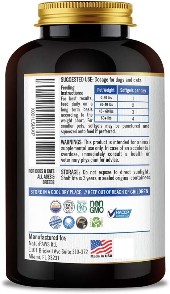 High Potency Omega 3 Fish Oil for Dogs and Cats - 1000mg DHA and EPA - Healthy Coat, Skin, Heart, Immune System - 180 Softgels