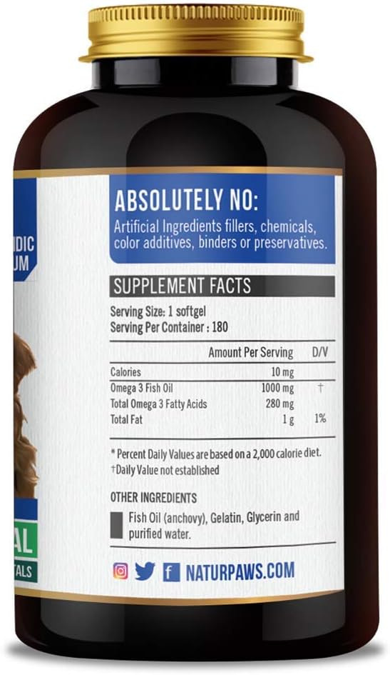 High Potency Omega 3 Fish Oil for Dogs and Cats - 1000mg DHA and EPA - Healthy Coat, Skin, Heart, Immune System - 180 Softgels