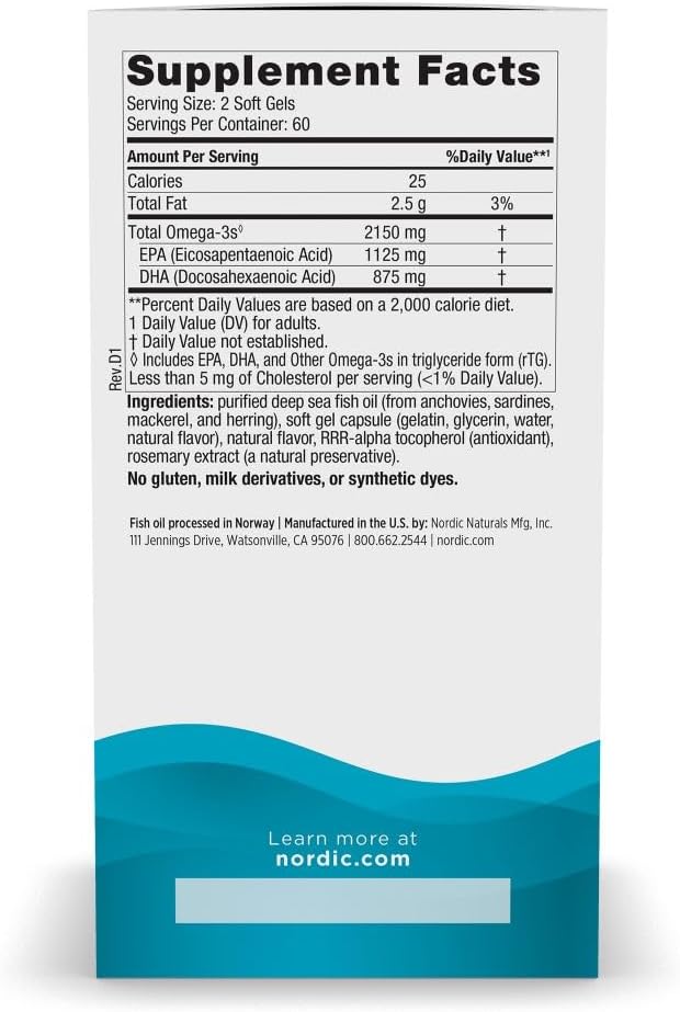 High-Potency Omega-3 Fish Oil Soft Gels, Lemon Flavor - 2150 mg Omega-3, EPA & DHA - Promotes Brain & Heart Health - Non-GMO - 60 Servings