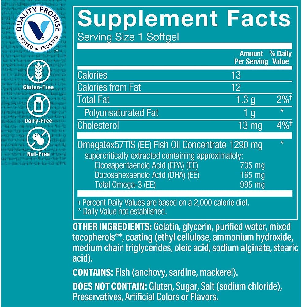 High Potency Omega 3 Fish Oil Softgels for Cardiovascular, Joint, and Brain Health - 1290mg with EPA 735mg & DHA 165mg - Molecularly Distilled - 60 Count