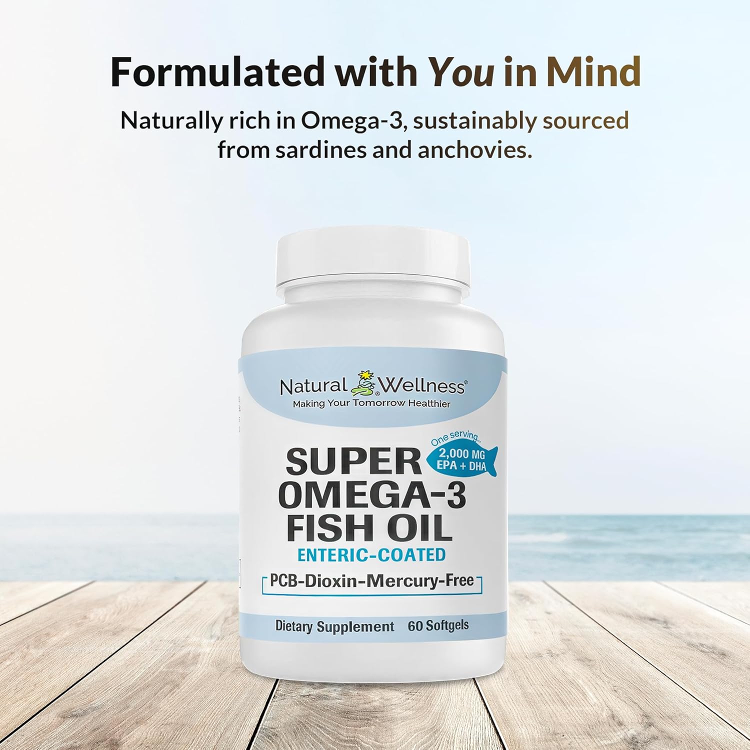 High Potency Omega-3 Fish Oil Softgels for Heart, Brain, and Joint Health - 60 Enteric-Coated Capsules