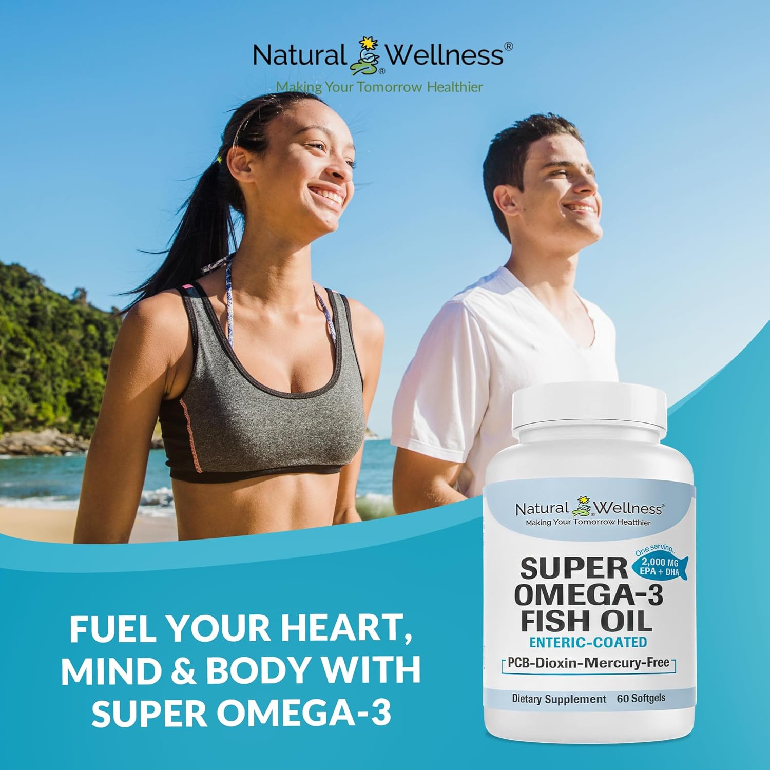 High Potency Omega-3 Fish Oil Softgels for Heart, Brain, and Joint Health - 60 Enteric-Coated Capsules