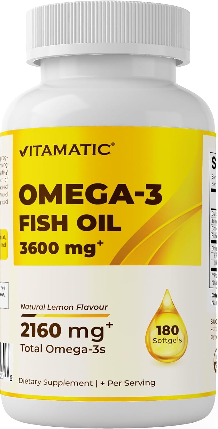 High Potency Omega 3 Fish Oil Supplement - 3600mg Per Serving, Lemon Flavor, 180 Softgels