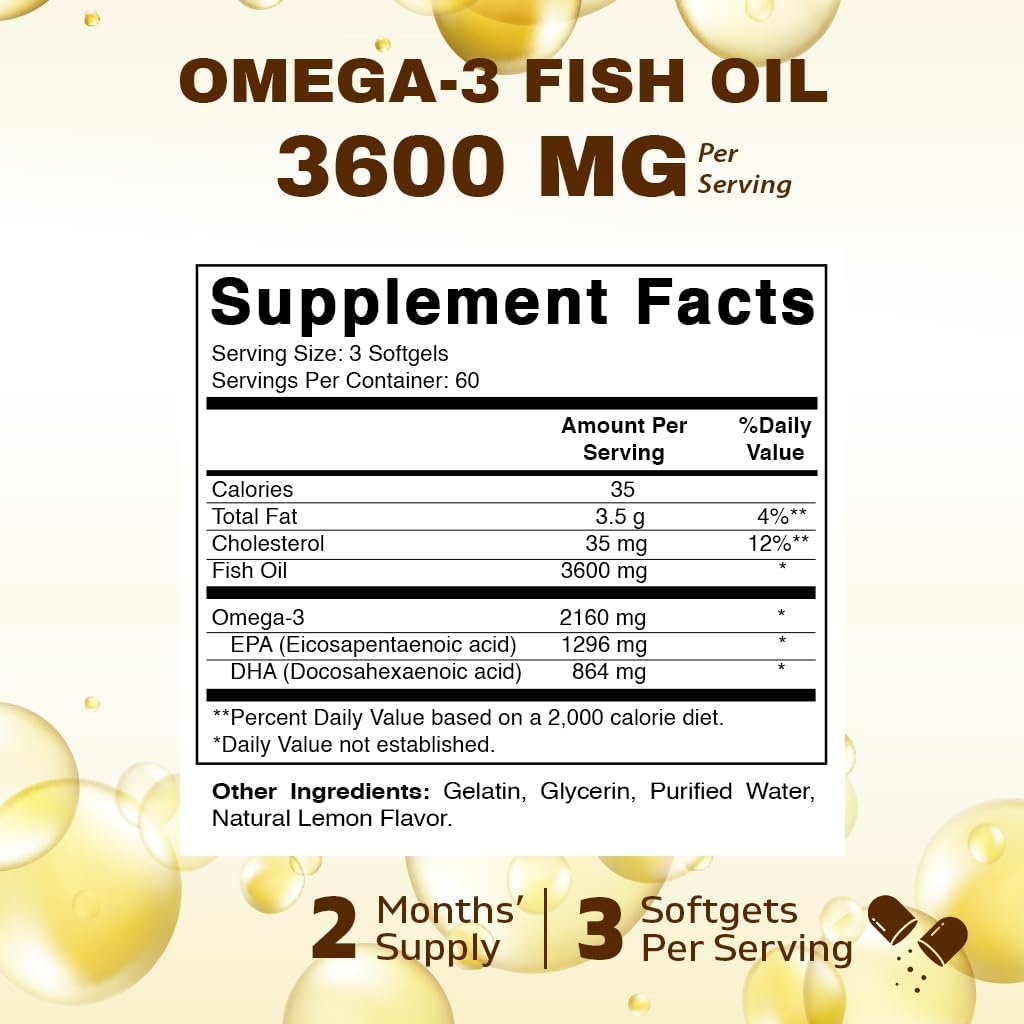 High Potency Omega 3 Fish Oil Supplement - 3600mg Per Serving, Lemon Flavor, 180 Softgels