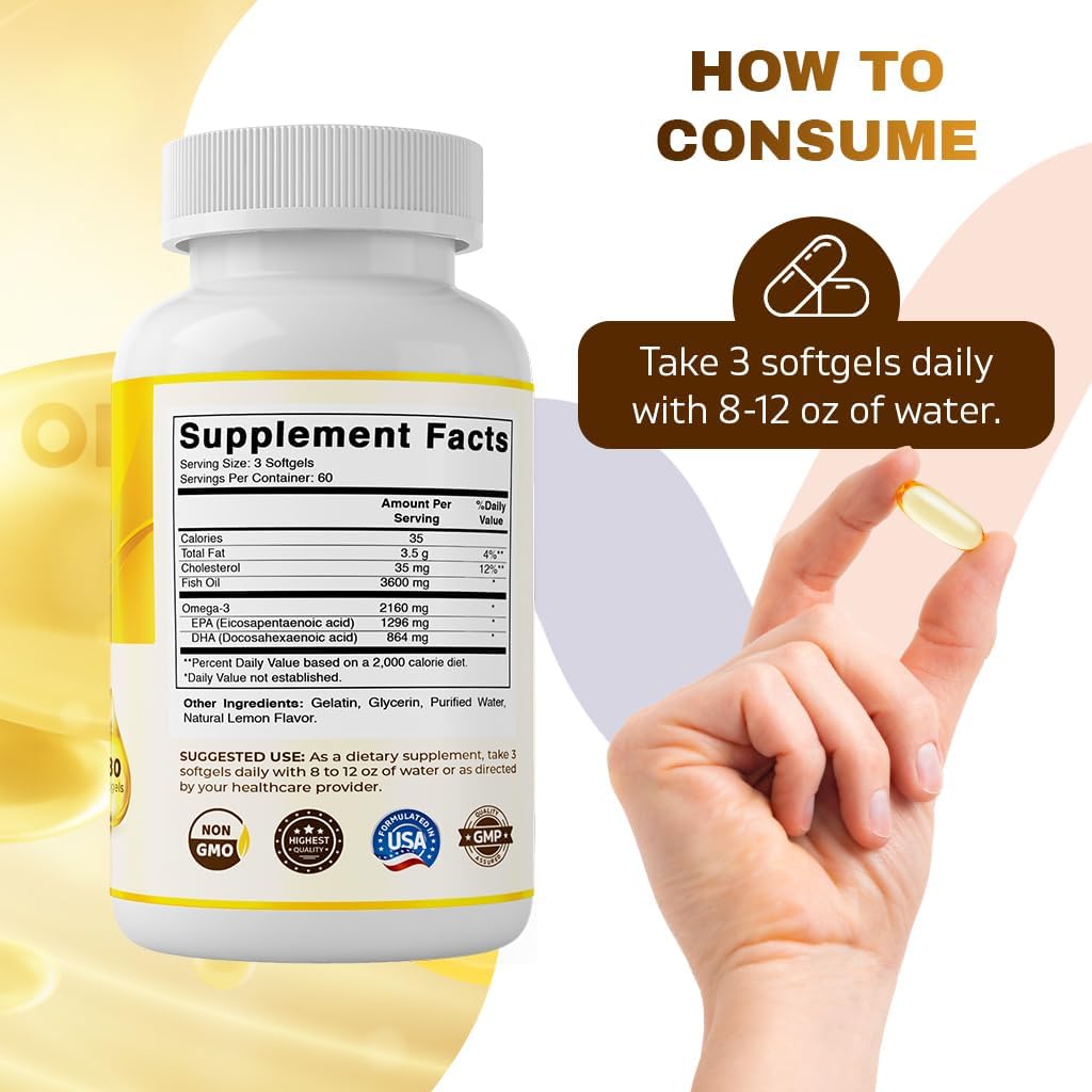 High Potency Omega 3 Fish Oil Supplement - 3600mg Per Serving, Lemon Flavor, 180 Softgels
