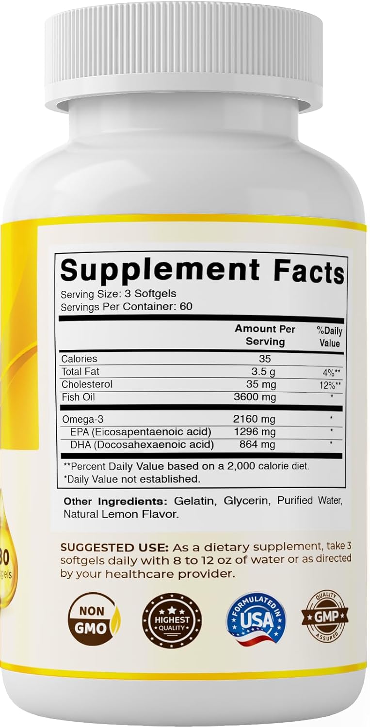 High Potency Omega 3 Fish Oil Supplement - 3600mg Per Serving, Lemon Flavor, 180 Softgels