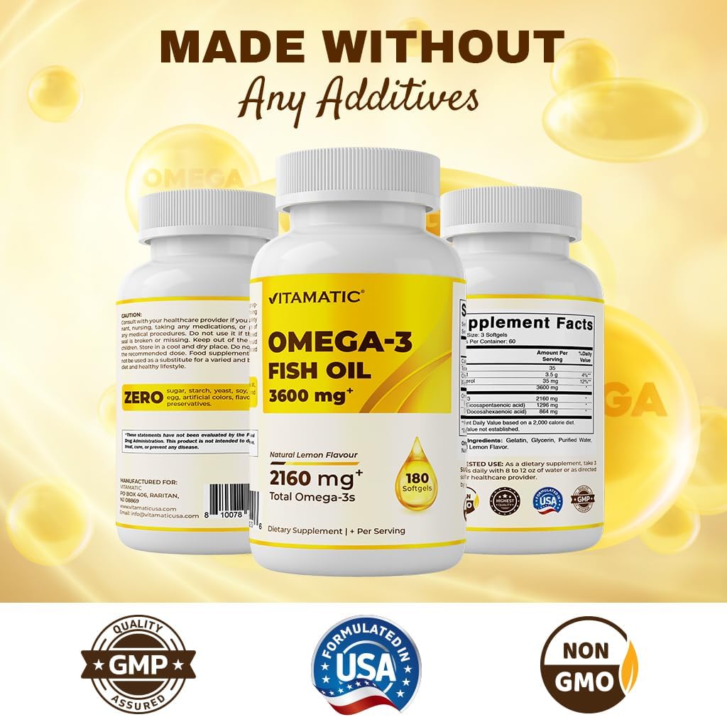 High Potency Omega 3 Fish Oil Supplement - 3600mg Per Serving, Lemon Flavor, 180 Softgels
