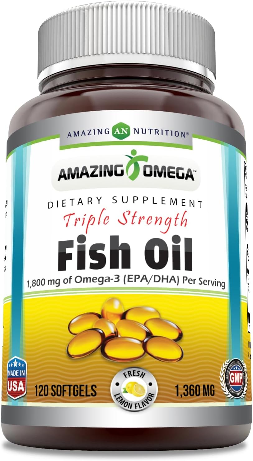 High Potency Omega-3 Fish Oil Supplement | 1360mg Per Serving | 120 Softgels | Lemon Flavor | Amazing Nutrition