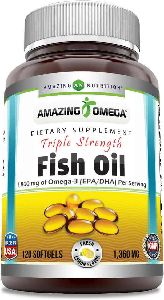 High Potency Omega-3 Fish Oil Supplement | 1360mg Per Serving | 120 Softgels | Lemon Flavor | Amazing Nutrition