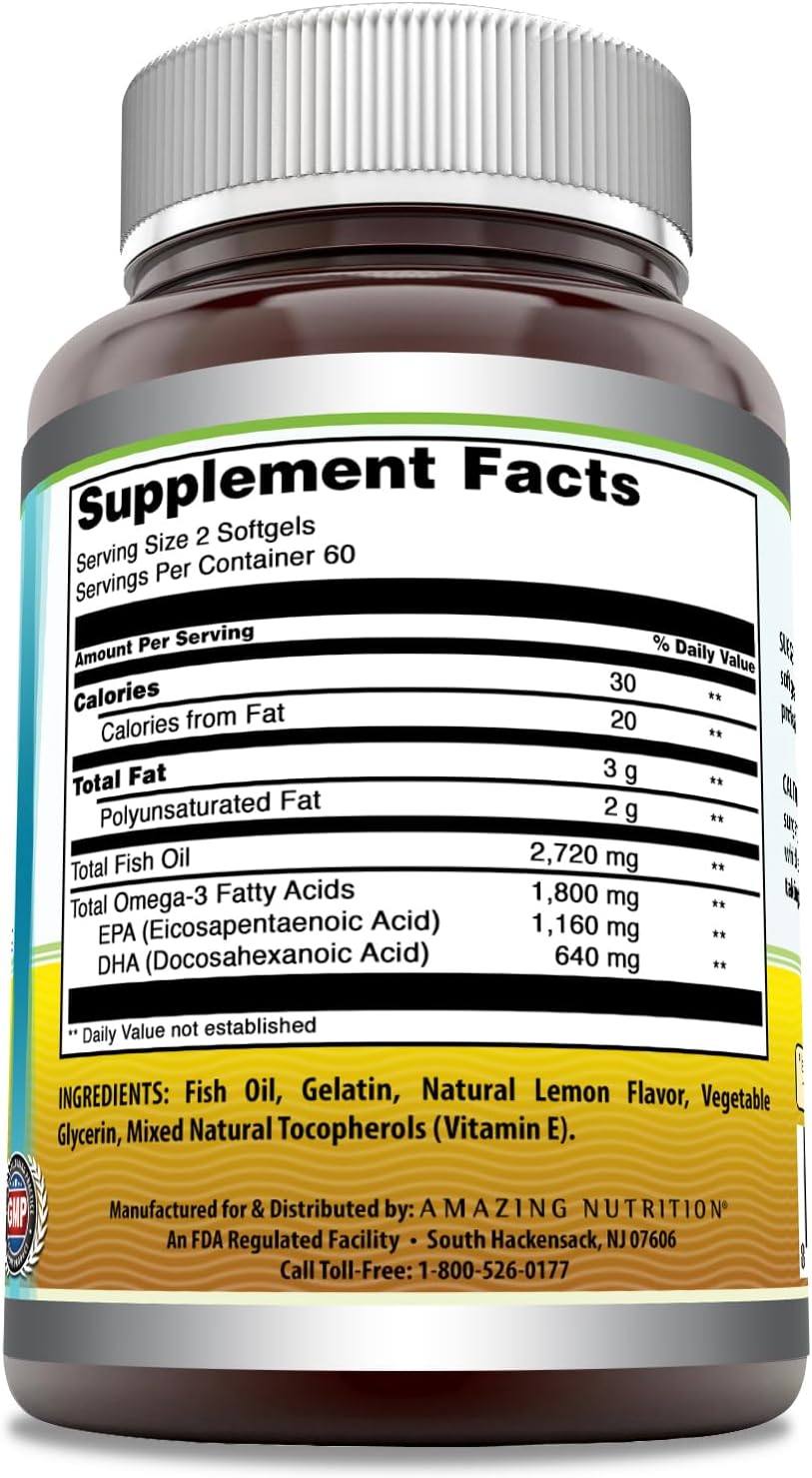 High Potency Omega-3 Fish Oil Supplement | 1360mg Per Serving | 120 Softgels | Lemon Flavor | Amazing Nutrition
