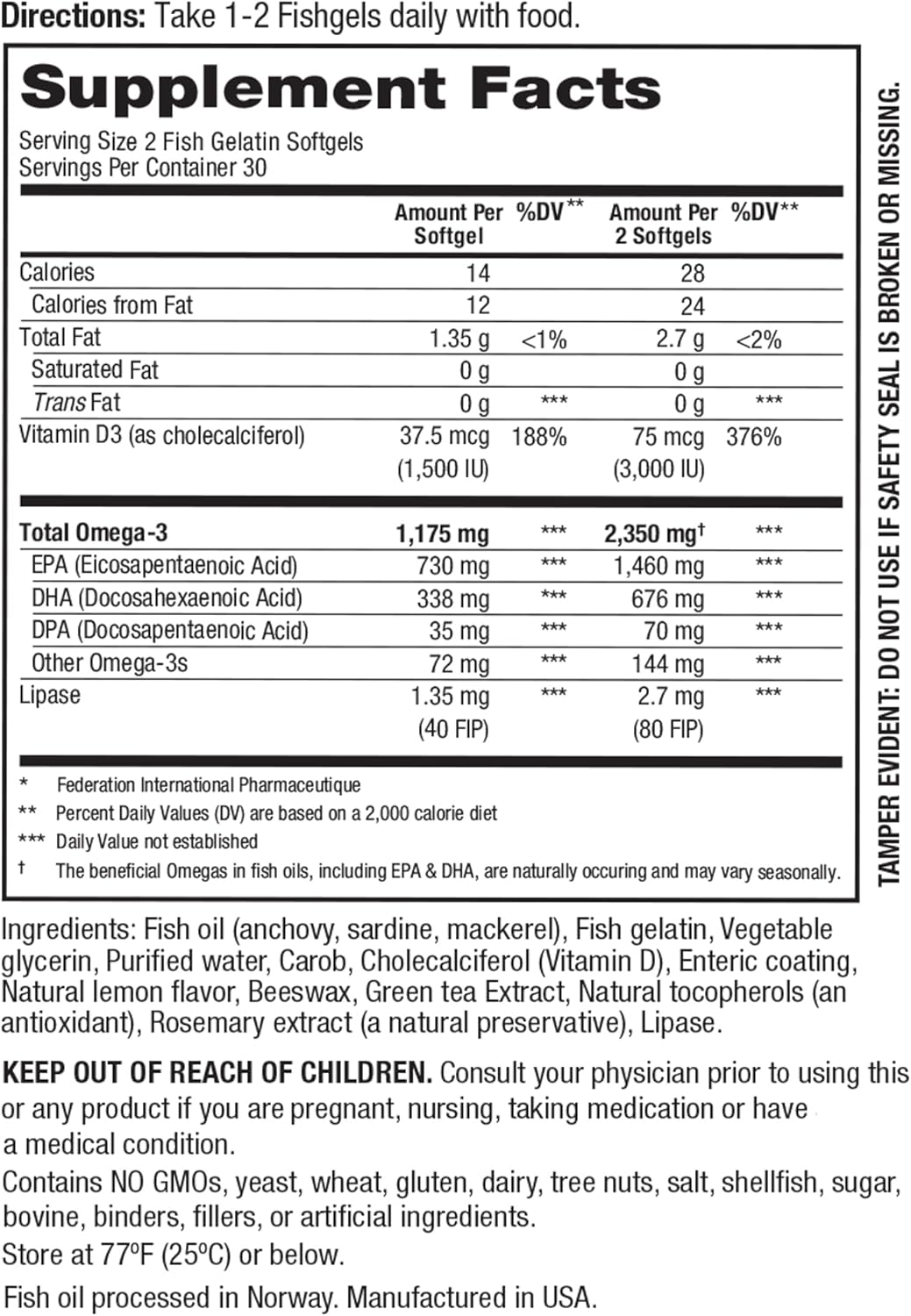 High Potency Omega 3 Fish Oil Supplement for Brain and Heart Health - 60 Softgels